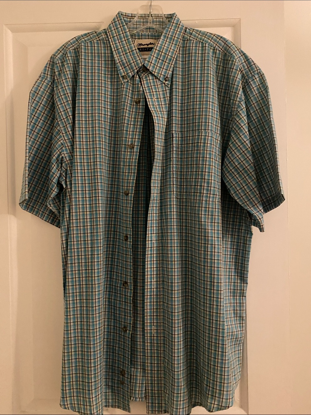 Wrangler Teal and Blue Plaid Short-Sleeve Button-Down Shirt